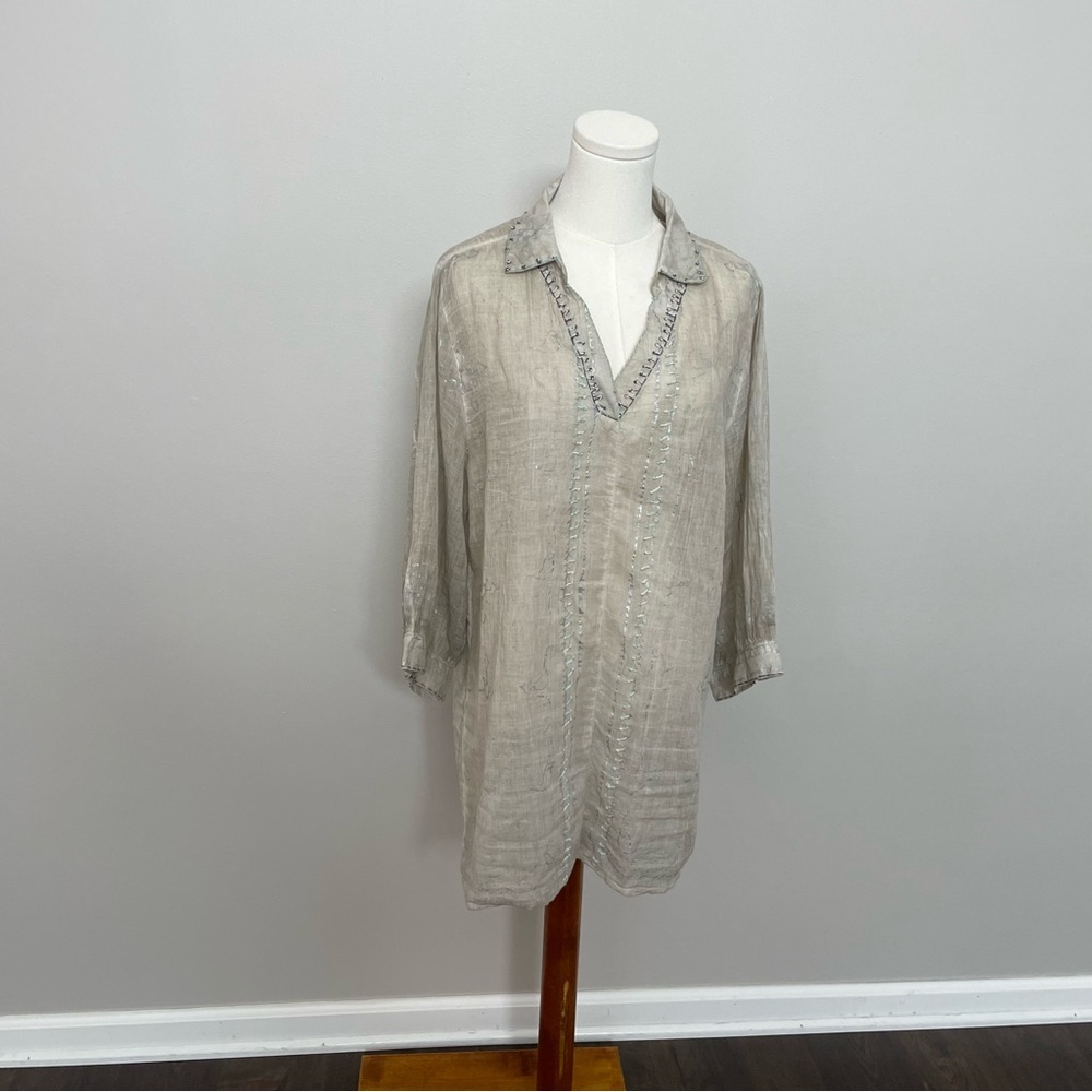 Karyn Seo Top Tunic Popover Art To Wear Abstract Flower Sheer Embroidered Taupe